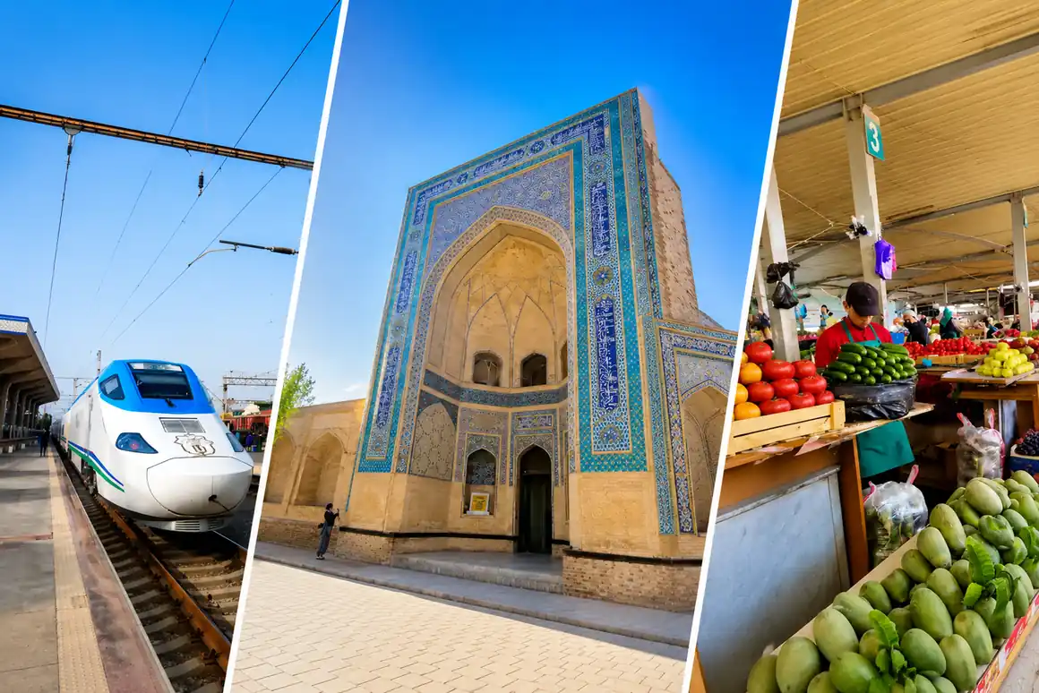 ウズベキスタンの高速鉄道、青いイスラム建築、ローカル市場を組み合わせた旅の風景