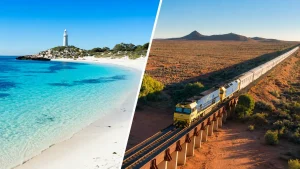 ロットネスト島の青い海とオーストラリア大陸を走るインディアンパシフィックのイメージ