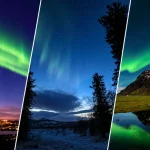 各地の夜空に広がるオーロラと湖面に映る逆さオーロラの風景