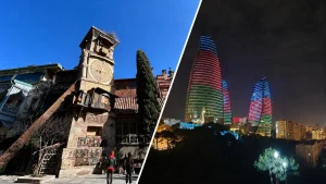 トビリシ旧市街の時計塔とバクーのフレームタワーを組み合わせたコーカサス2カ国周遊の風景