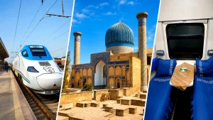 中央アジアの鉄道旅をイメージした高速鉄道、サマルカンドの建築、寝台列車の客室