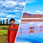 チリ旅行で訪れたいイースター島のモアイ像とアタカマ砂漠の塩湖に立つフラミンゴ