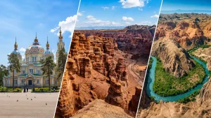 アルマトイのカラフルな大聖堂とチャリンキャニオンの渓谷を組み合わせたカザフスタン旅行イメージ