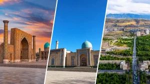 サマルカンドのレギスタン広場、タシケントのイスラム建築、山々を望むビシュケク市街