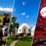 キルギスの草原での乗馬とユルト外観・内部を組み合わせた旅行風景