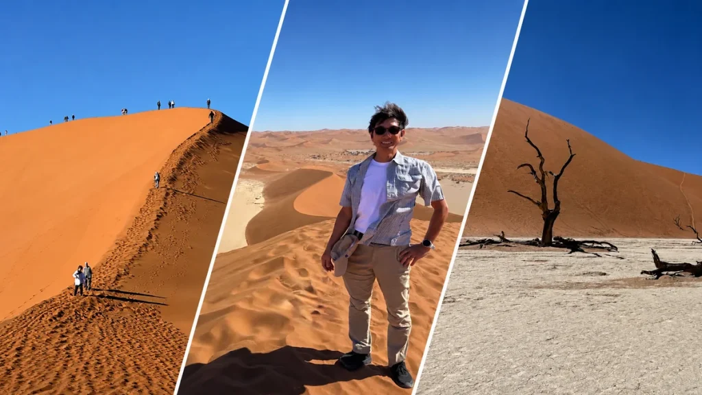 ナミブ砂漠のDune 45を歩く旅行者とソススフレイの砂丘、デッドフレイの枯れ木