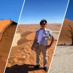 ナミブ砂漠のDune 45を歩く旅行者とソススフレイの砂丘、デッドフレイの枯れ木