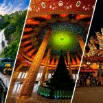 台湾の鉄道と滝、華やかな寺院内部、夜にライトアップされた廟を組み合わせたコラージュ画像
