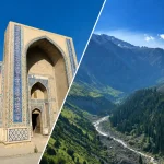 ウズベキスタンの青い建築とキルギスの山岳風景を組み合わせた中央アジア周遊イメージ キャプション案：シルクロードと大自然の旅
