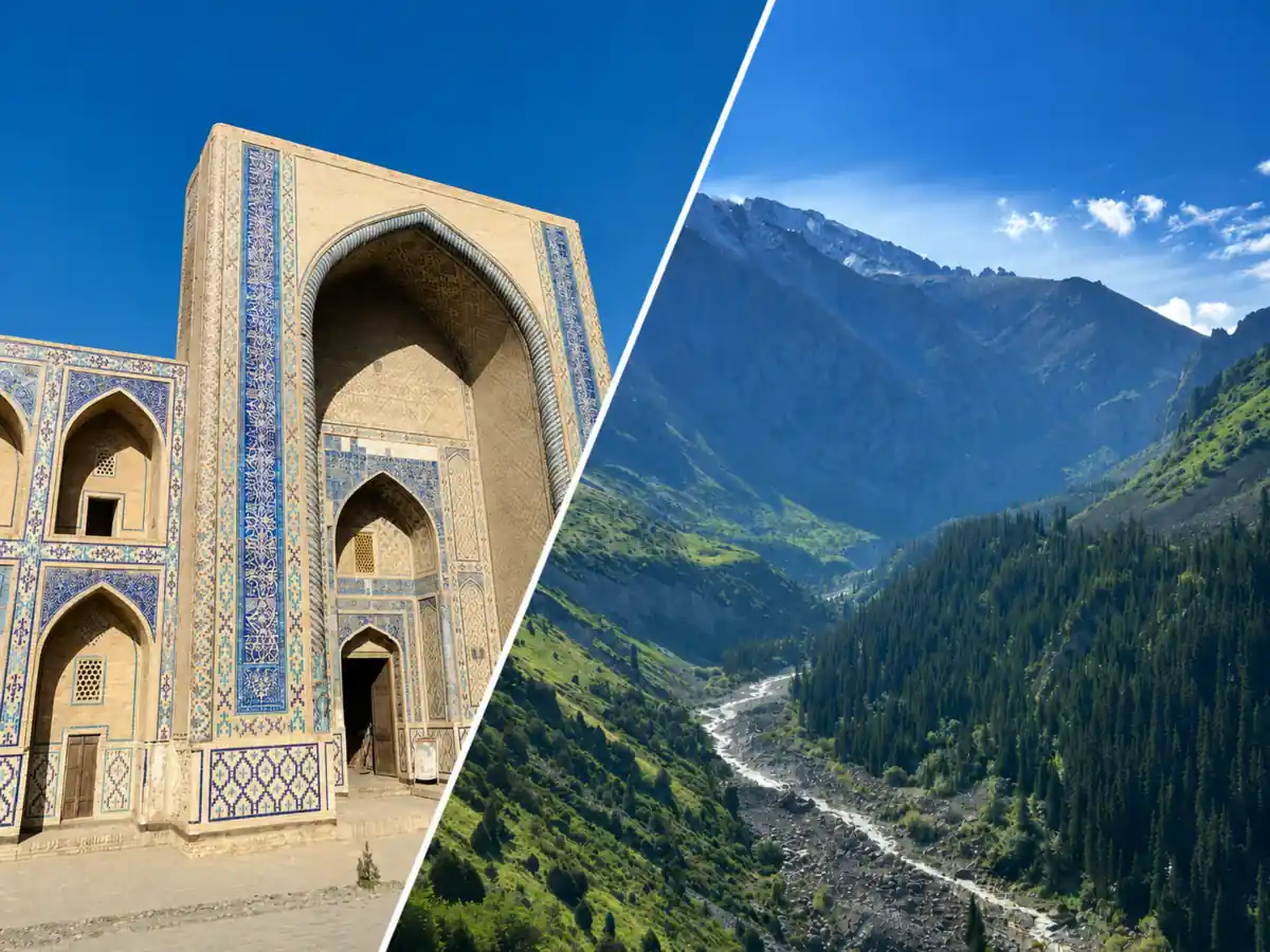 ウズベキスタンの青い建築とキルギスの山岳風景を組み合わせた中央アジア周遊イメージ キャプション案：シルクロードと大自然の旅