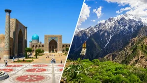 ウズベキスタンのサマルカンド歴史建築とチムガン山脈を組み合わせた風景