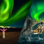 緑のオーロラが広がる夜空と雪のロッジ、観賞する人物を組み合わせた冬景色