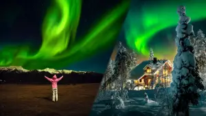 緑のオーロラが広がる夜空と雪のロッジ、観賞する人物を組み合わせた冬景色