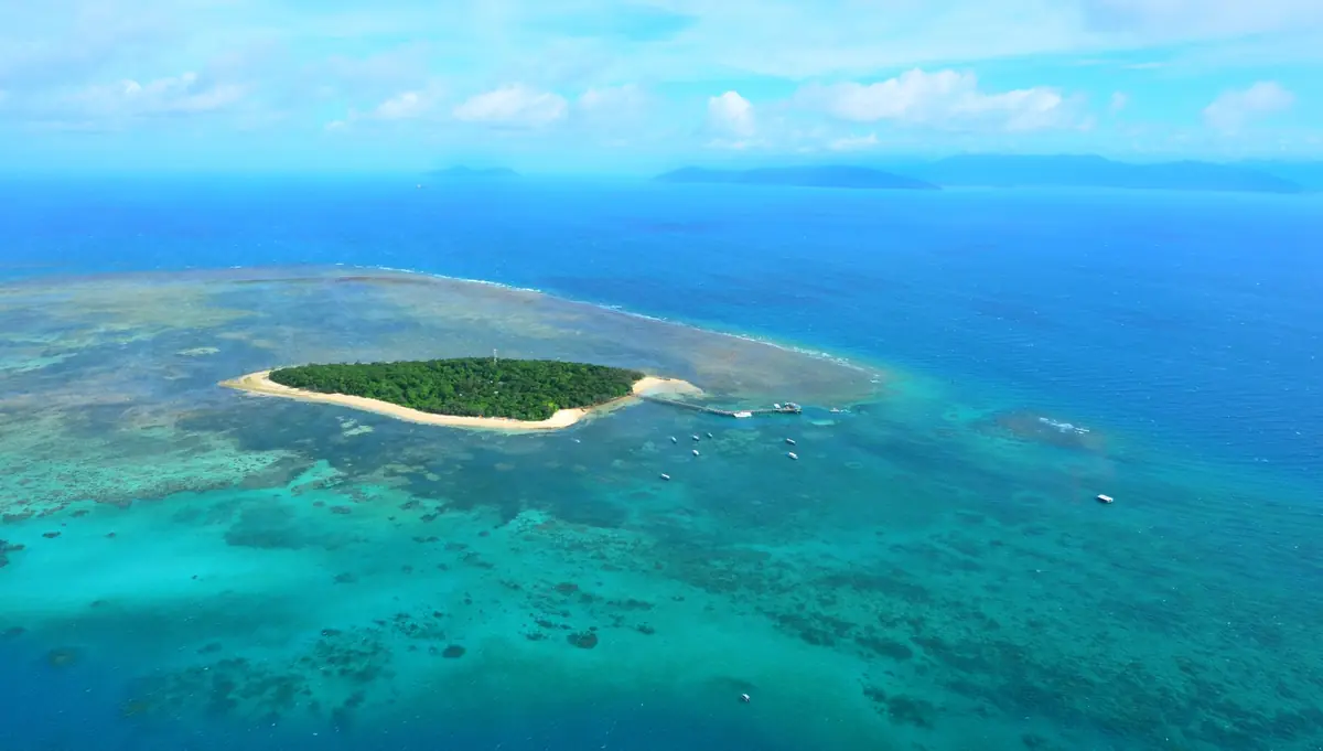 青い海とサンゴ礁に囲まれた緑豊かなグリーン島と、島から海へ延びる桟橋の空撮