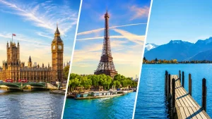 ロンドンのビッグベン、パリのエッフェル塔、レマン湖をイメージしたヨーロッパ周遊旅行