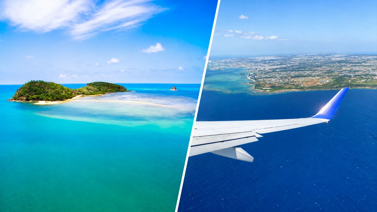 飛行機の翼と南国の海の絶景を組み合わせた、海外在住者の旅のイメージ画像