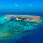 ケアンズ沖のグレートバリアリーフに広がるサンゴ礁と小さな島の空撮風景