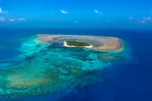 ケアンズ沖のグレートバリアリーフに広がるサンゴ礁と小さな島の空撮風景