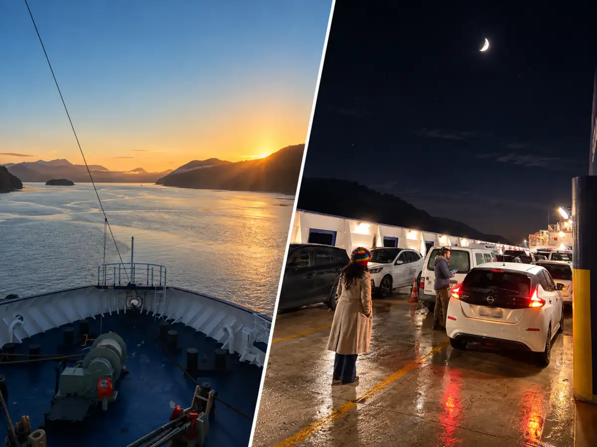 ニュージーランドのフェリーから望む海峡の夕景と車両デッキの様子