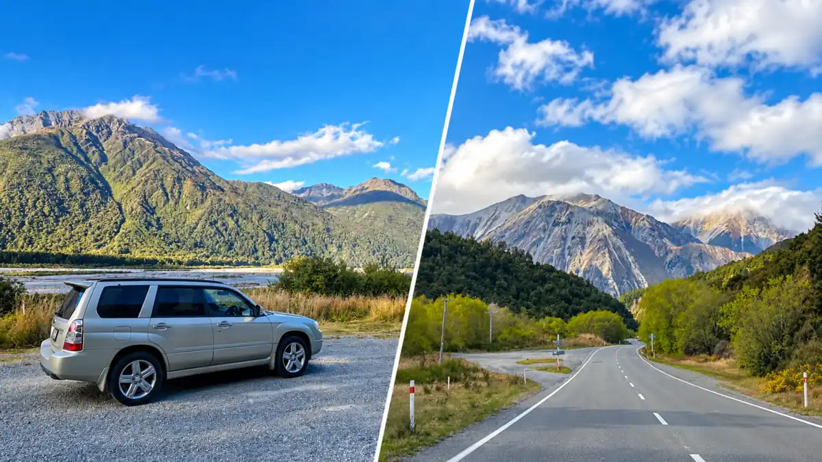 ニュージーランド南島の山岳風景を背景にしたレンタカーと scenic road