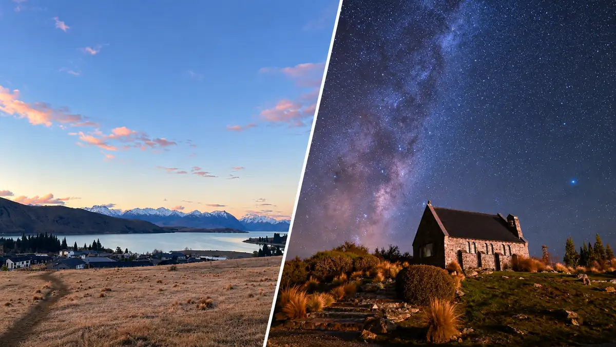 ニュージーランド・テカポ湖の夕暮れと南アルプスの山並み、満天の星空と天の川の下に建つ善き羊飼いの教会